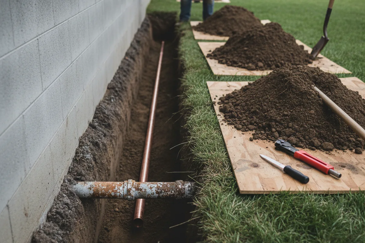 Excavated water line trench during Water Softener Installation in Hanalei